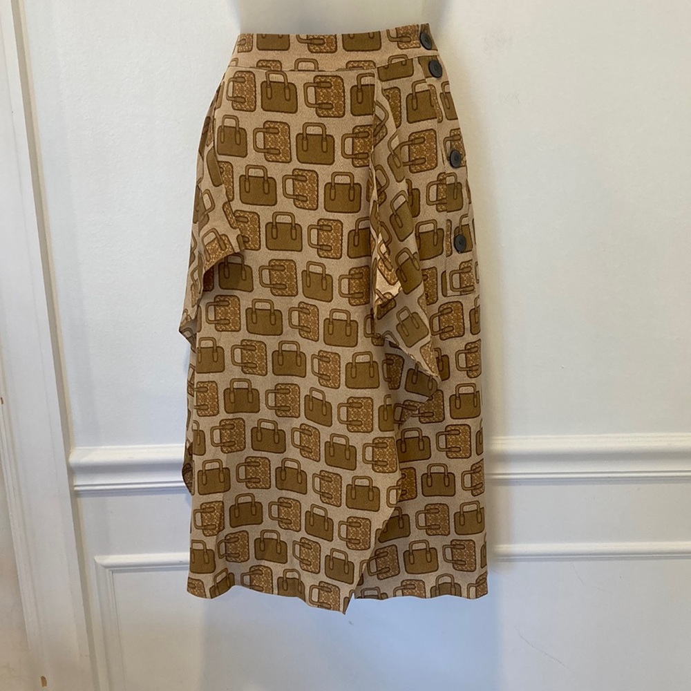 Coach Brown & Tan Silk Suitcase Skirt w/Buttons in Size 2 New